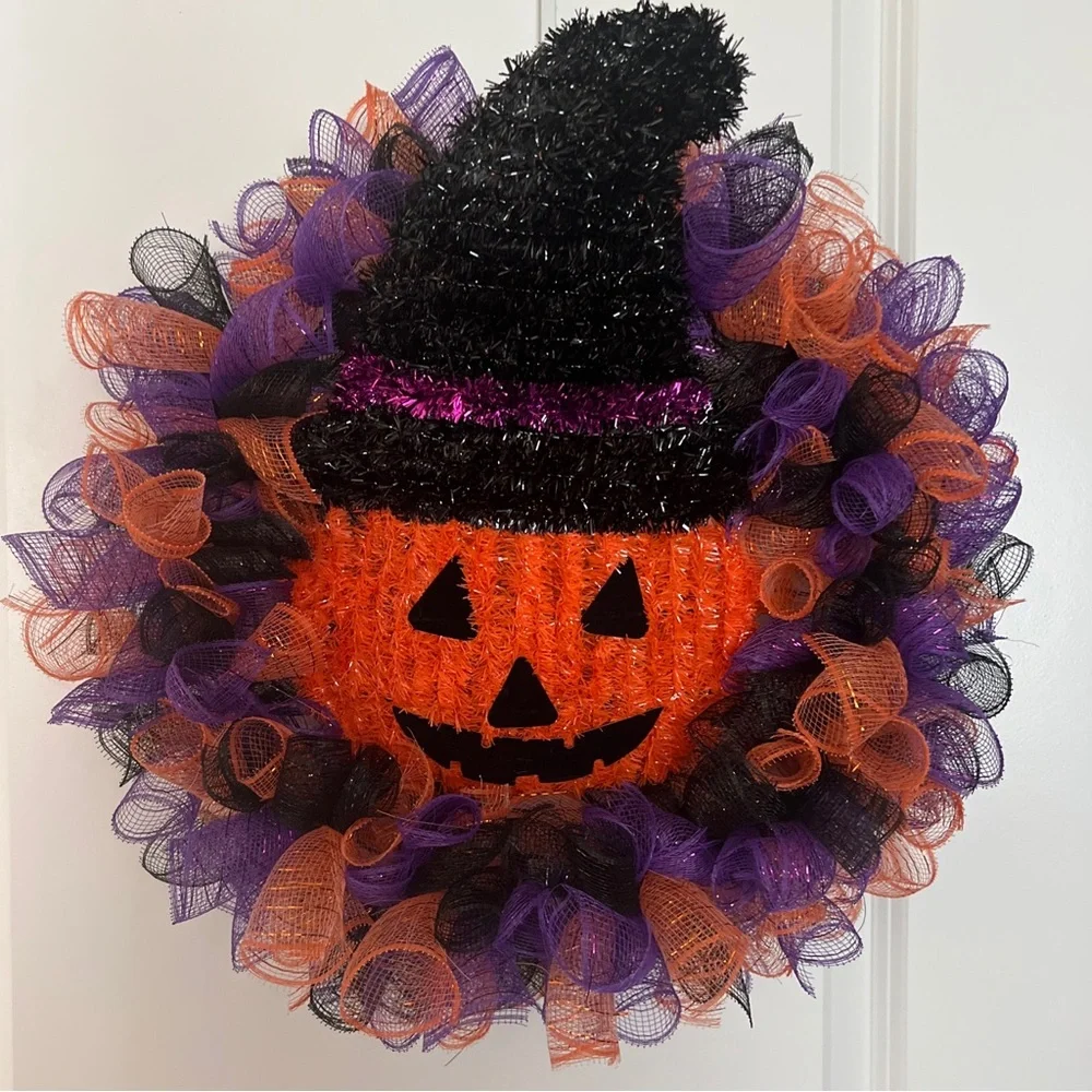 Homemade Halloween Pumpkin Decorative Mesh Purple, Orange and Black wreath